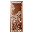 Дверь банная стеклянная Банька в лесу 1900х700х6мм с коробом, 2 петли, бронза, правая