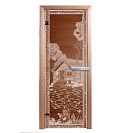Дверь банная стеклянная Банька в лесу 1900х700х6мм с коробом, 2 петли, бронза, левая